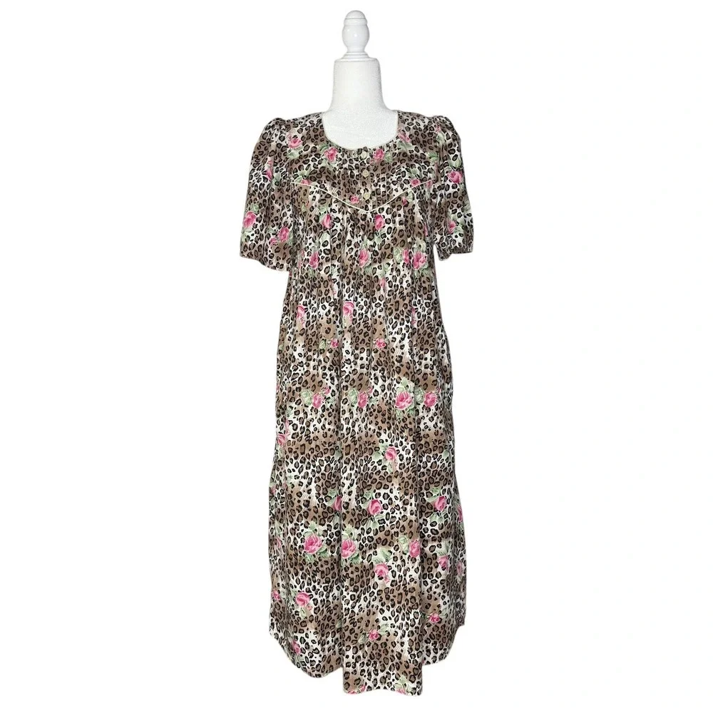 1980s Vintage Barbizon S Animal Print Floral Nightgown Muumuu House Dress Cotton